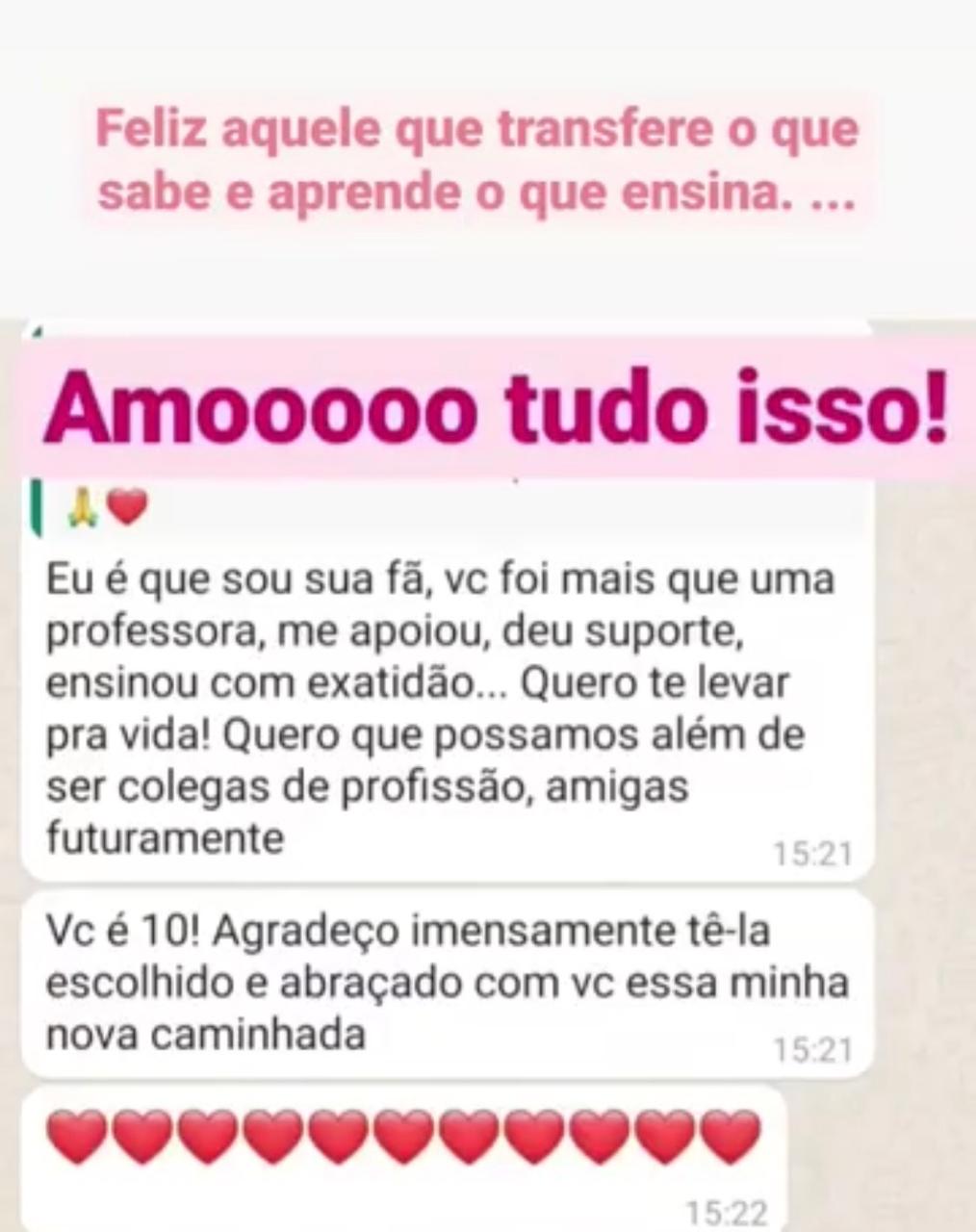 Print de mensagem de aluna: 'Eu é que sou sua fã, vc foi mais que uma professora, me apoiou, deu suporte, ensinou com exatidão'