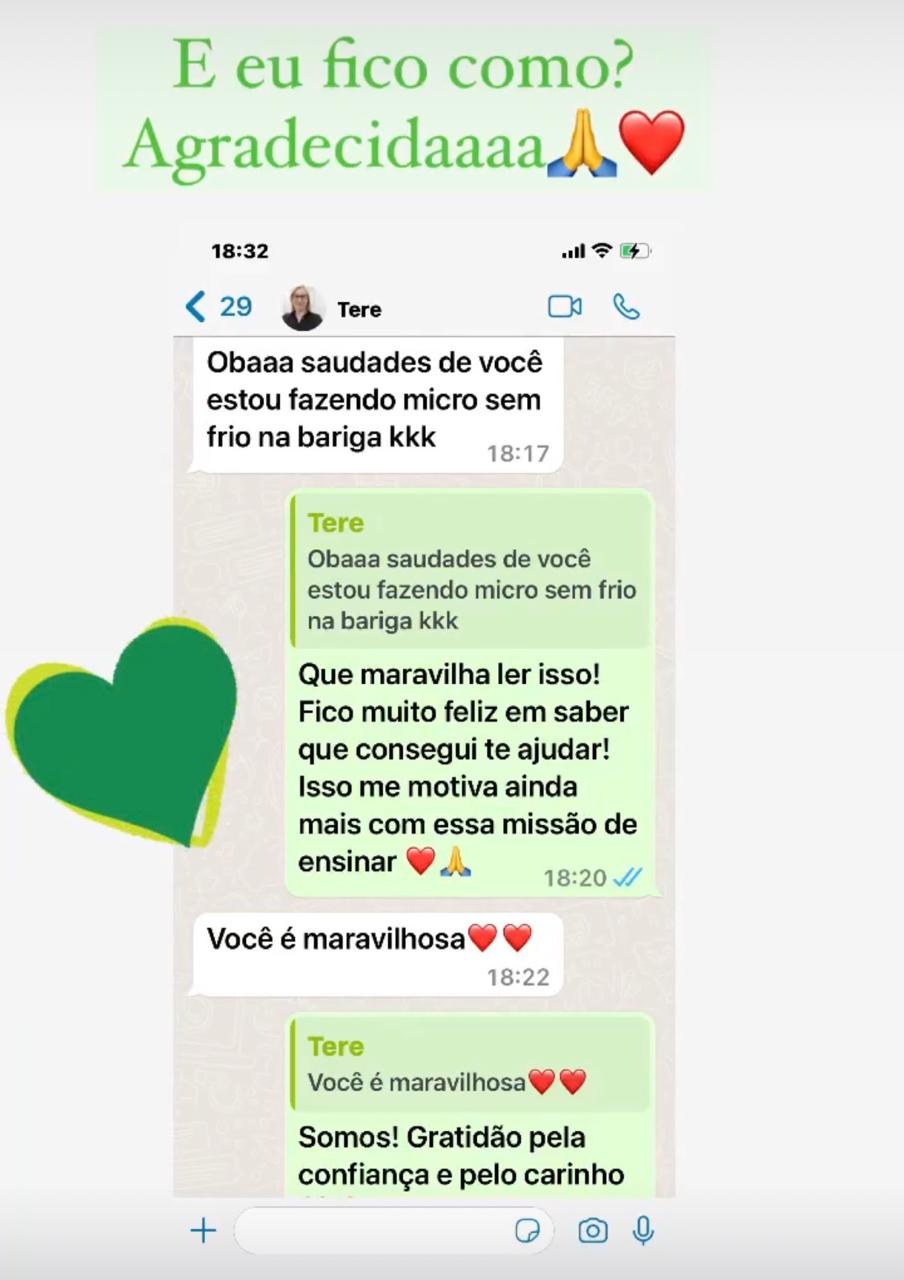 Print de conversa de WhatsApp: aluna Tere agradecendo a Leslei, dizendo 'Você é maravilhosa' após relatar que está aplicando micropigmentação com confiança